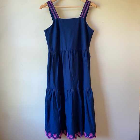 J. Crew Navy Midi Dress Pink Floral Embroidery Women’s Size 4 Sleeveless NWT - Picture 1 of 13